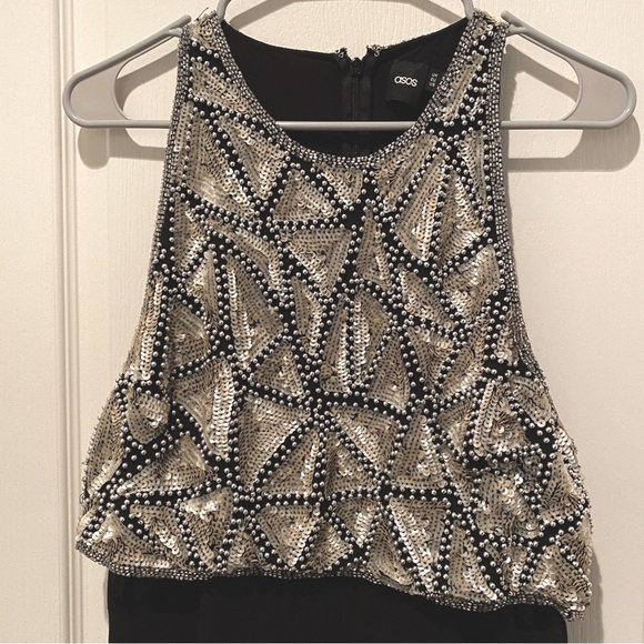 ASOS Mini Dress Embellished with Geometric Bodice Overlay Chiffon Skater Skirt - Picture 3 of 7